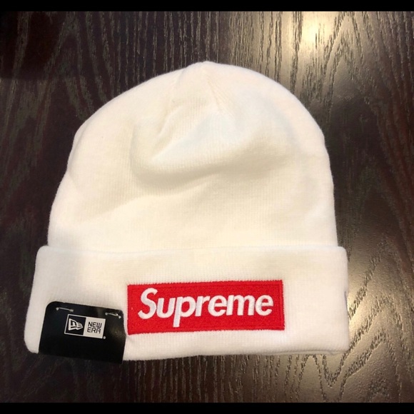 White and red supreme box logo beanie
